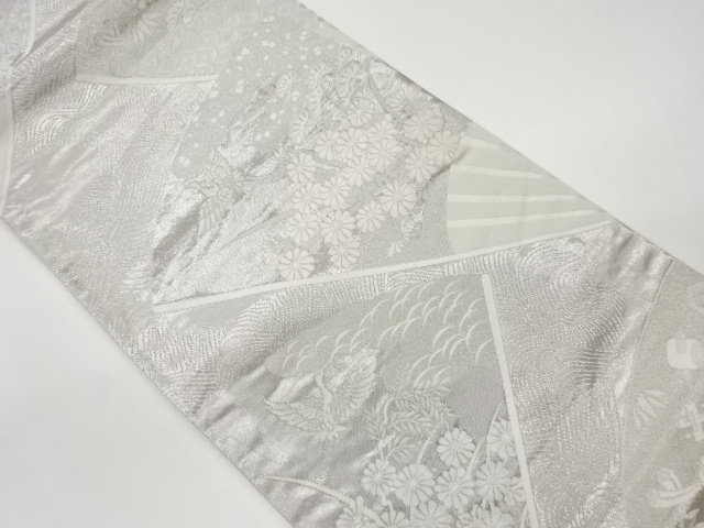 リサイクル　プラチナ箔二重織扇に鶴・秋草模様織出し袋帯